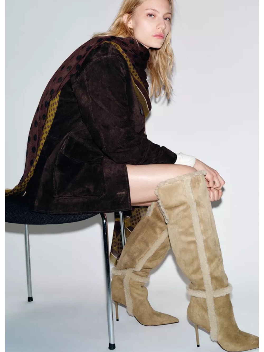 Zara Beige Over-the-Knee Shearling Trim Stiletto Boots
